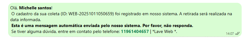 Mensagem para o cliente